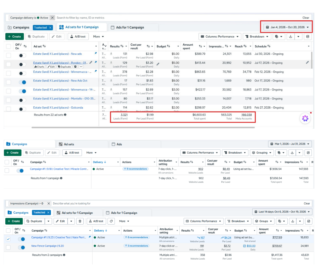 Lead Generation performance screenshots