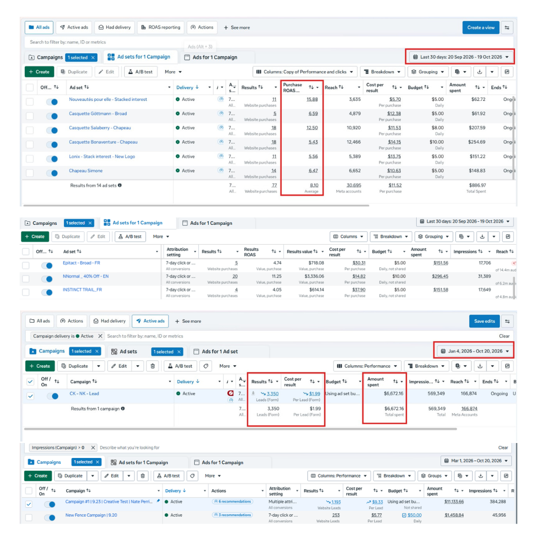 Return on Ad Spend performance screenshots